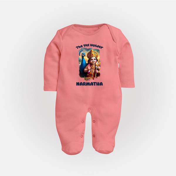 The Vel Holder Sleep Suit | Custom Baby Sleep Suit for Murugan's Sacred Vel - PEACH - New Born (Chest 7.5")