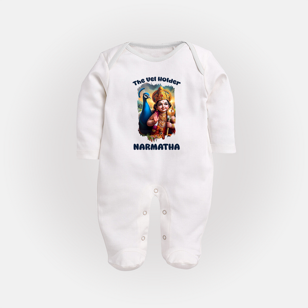 The Vel Holder Sleep Suit | Custom Baby Sleep Suit for Murugan's Sacred Vel - WHITE - New Born (Chest 7.5")