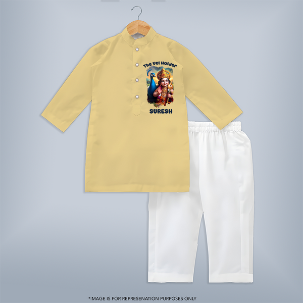 The Vel Holder Kurta Set | Custom Baby Kurta Set for Murugan's Sacred Vel - PASTEL YELLOW - 3 - 6 Months Old (Chest 24", Kurta Length 14'', Waist 19", Pant Length 14")