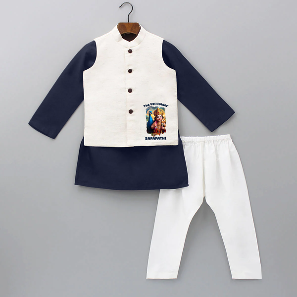 The Vel Holder - Customized Kurta Waist Coat For Kids With Name - NAVY BLUE - 3 - 6 Months Old (Chest 24", Kurta Length 14'', Waist 19", Pant Length 14")