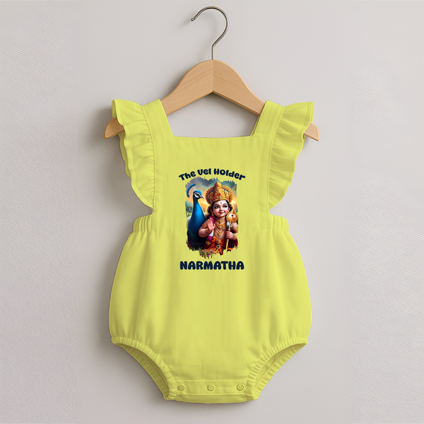 The Vel Holder Romper Frock | Custom Baby Romper Frock for Murugan's Sacred Vel - PASTEL YELLOW - 0 - 3 Months Old (Chest 19")