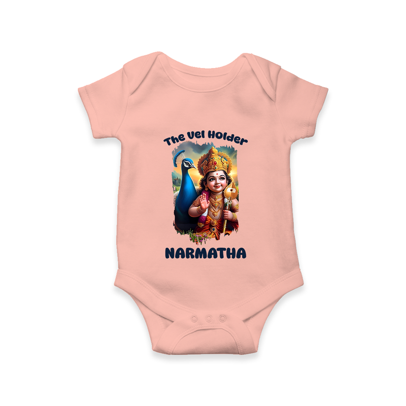 The Vel Holder Romper / Onesie | Custom Baby Romper / Onesie for Murugan's Sacred Vel - PEACH - New Born (Chest 14")
