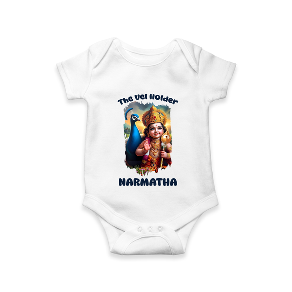 The Vel Holder Romper / Onesie | Custom Baby Romper / Onesie for Murugan's Sacred Vel - WHITE - New Born (Chest 14")