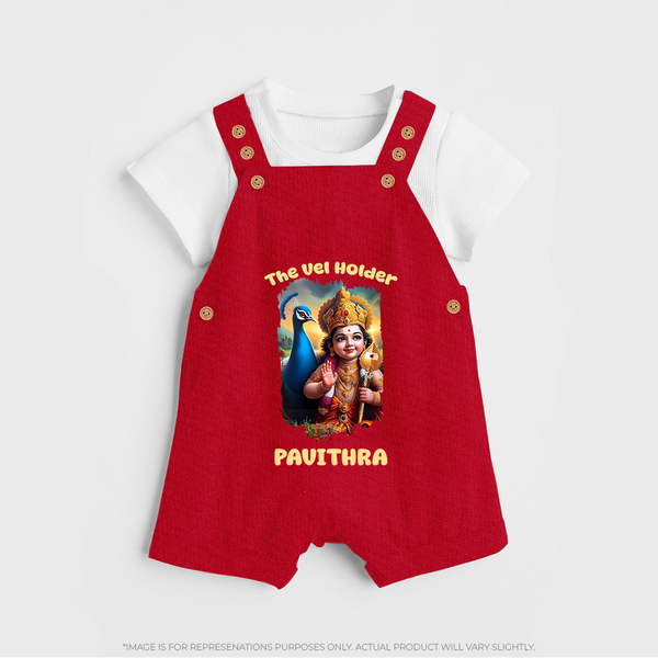 The Vel Holder Dungaree Set | Custom Baby Dungaree Set for Murugan's Sacred Vel - RED - 0 - 5 Months Old (Chest 18")