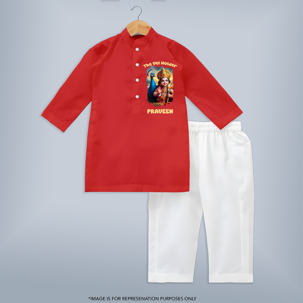 The Vel Holder Kurta Set | Custom Baby Kurta Set for Murugan's Sacred Vel - RED - 3 - 6 Months Old (Chest 24", Kurta Length 14'', Waist 19", Pant Length 14")
