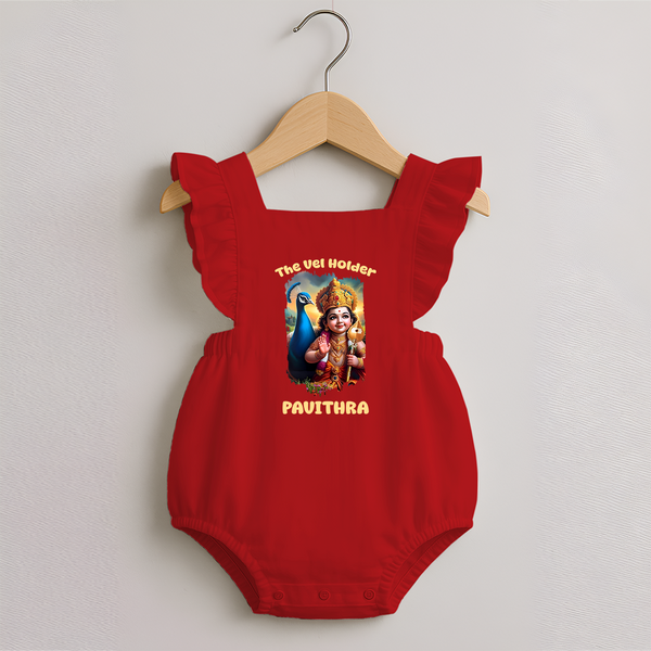 The Vel Holder Romper Frock | Custom Baby Romper Frock for Murugan's Sacred Vel - RED - 0 - 3 Months Old (Chest 19")