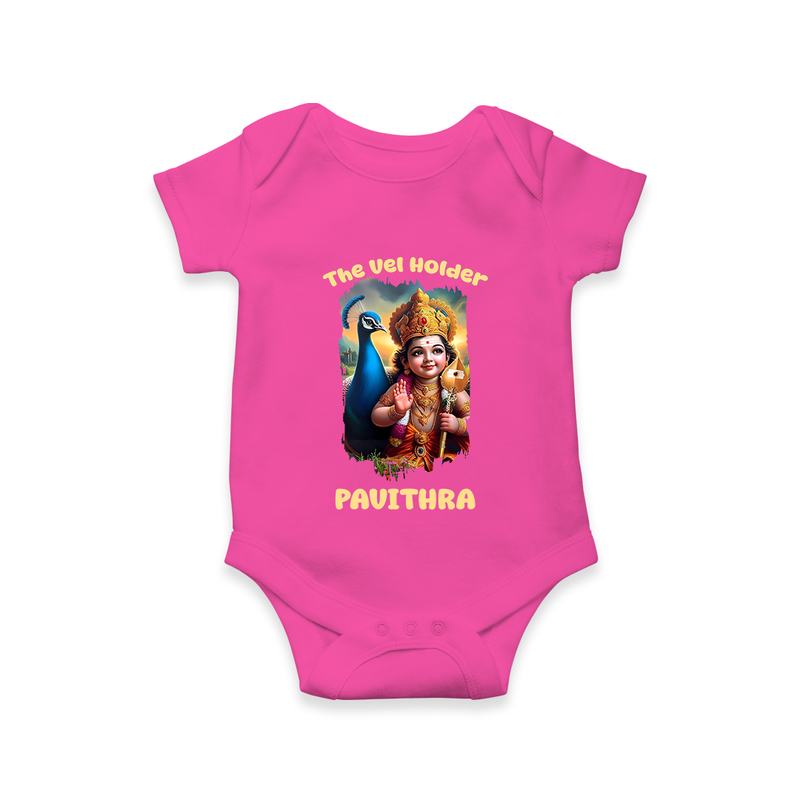 The Vel Holder Romper / Onesie | Custom Baby Romper / Onesie for Murugan's Sacred Vel - HOT PINK - New Born (Chest 14")