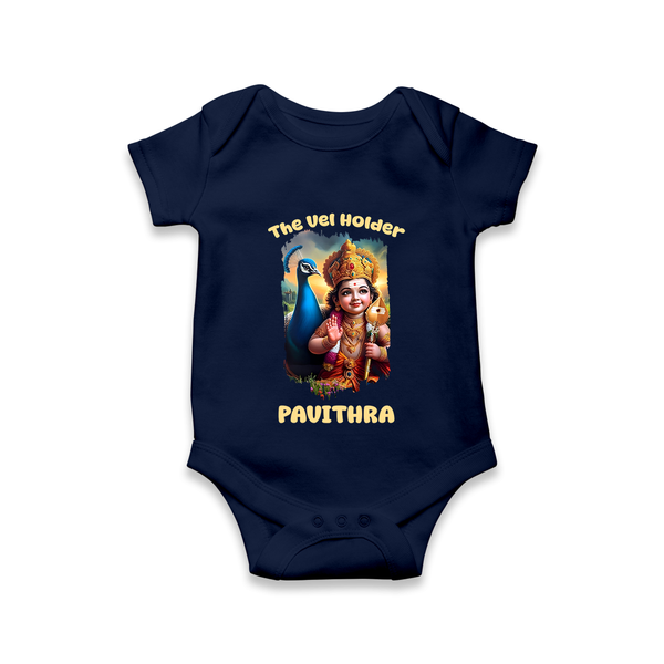 The Vel Holder Romper / Onesie | Custom Baby Romper / Onesie for Murugan's Sacred Vel - NAVY BLUE - New Born (Chest 14")