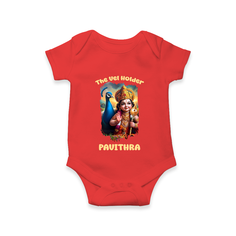 The Vel Holder Romper / Onesie | Custom Baby Romper / Onesie for Murugan's Sacred Vel - RED - New Born (Chest 14")