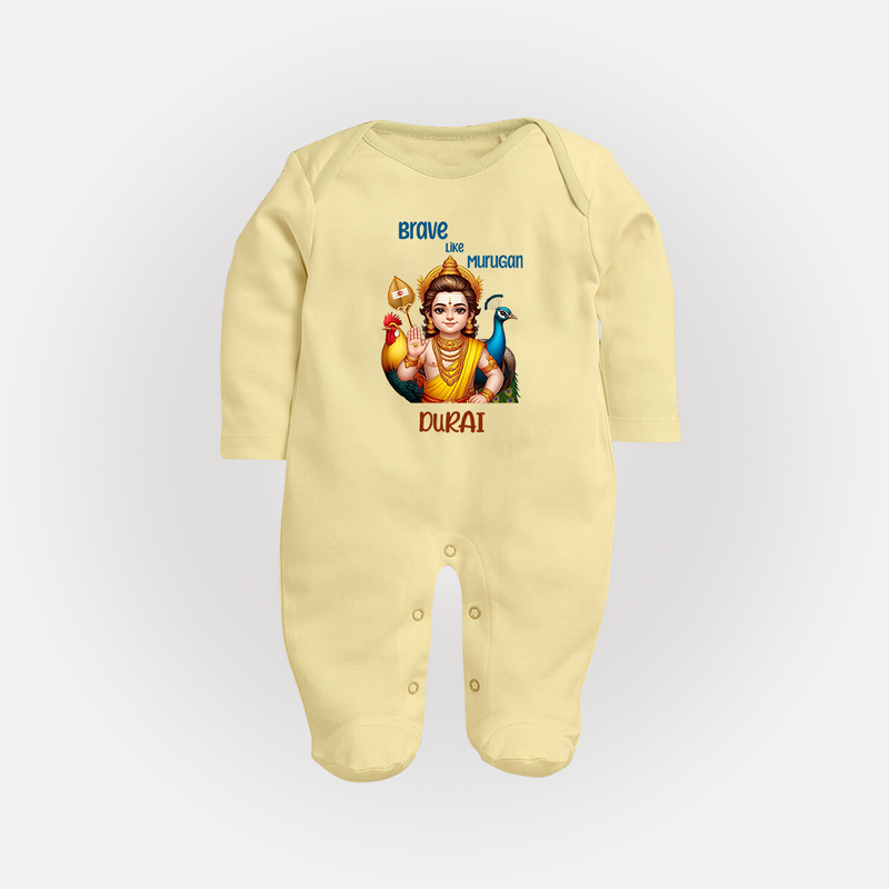 Brave Like Murugan - Customized Sleep Suit For Babies With Name - PASTEL YELLOW - New Born (Chest 7.5")