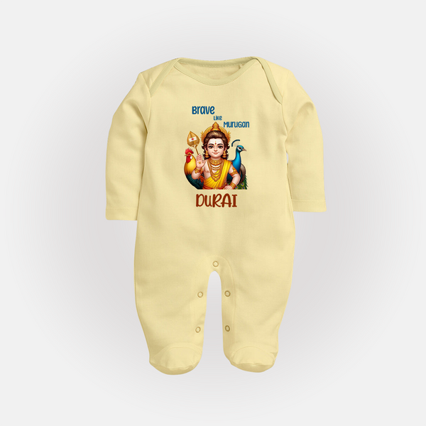 Brave Like Murugan Sleep Suit | Personalized Baby Sleep Suit for Murugan's Strength - PASTEL YELLOW - New Born (Chest 7.5")