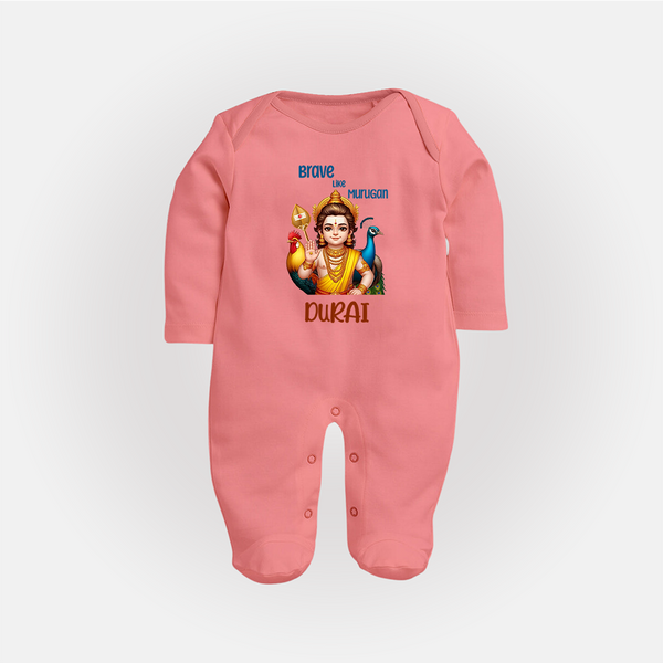 Brave Like Murugan Sleep Suit | Personalized Baby Sleep Suit for Murugan's Strength - PEACH - New Born (Chest 7.5")