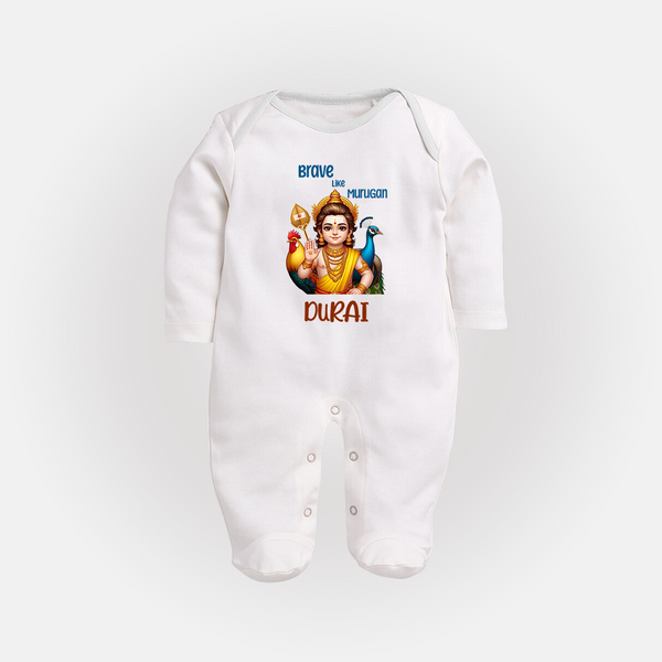 Brave Like Murugan Sleep Suit | Personalized Baby Sleep Suit for Murugan's Strength - WHITE - New Born (Chest 7.5")