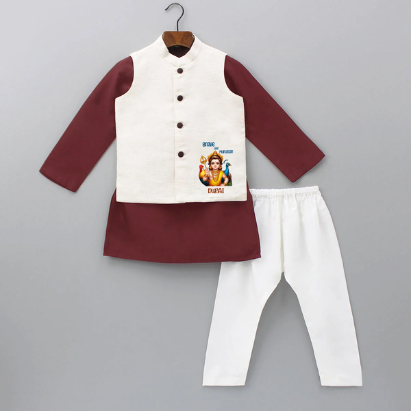 Brave Like Murugan - Customized Kurta Waist Coat For Kids With Name - MAROON - 3 - 6 Months Old (Chest 24", Kurta Length 14'', Waist 19", Pant Length 14")