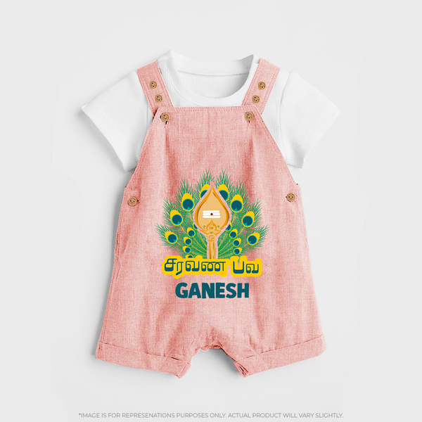 Saravana Bhava Dungaree Set | Custom Baby Dungaree Set for Murugan Worship - PEACH - 0 - 5 Months Old (Chest 18")