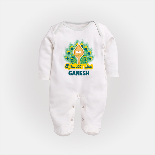 Saravana Bhava Sleep Suit | Custom Baby Sleep Suit for Murugan Worship - WHITE - New Born (Chest 7.5")