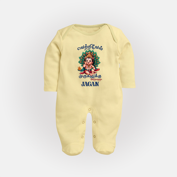 Vetrivel Muruganuku Arohara Sleep Suit | Personalized Baby Sleep Suit for Murugan Devotees - PASTEL YELLOW - New Born (Chest 7.5")