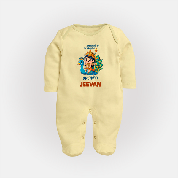 Alagendra Solluku Muruga Sleep Suit | Personalized Baby Sleep Suit for Murugan Celebrations - PASTEL YELLOW - New Born (Chest 7.5")