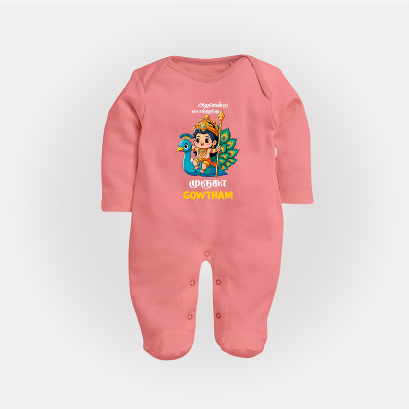 Muruga - Customized Sleep Suit For Babies With Name - PEACH - New Born (Chest 7.5")