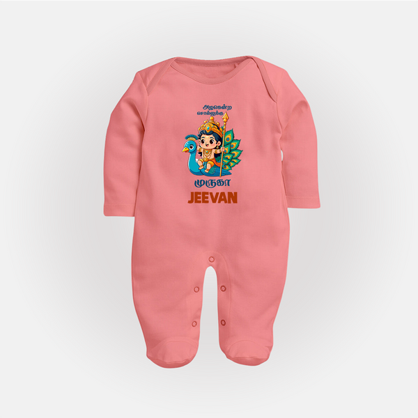 Alagendra Solluku Muruga Sleep Suit | Personalized Baby Sleep Suit for Murugan Celebrations - PEACH - New Born (Chest 7.5")