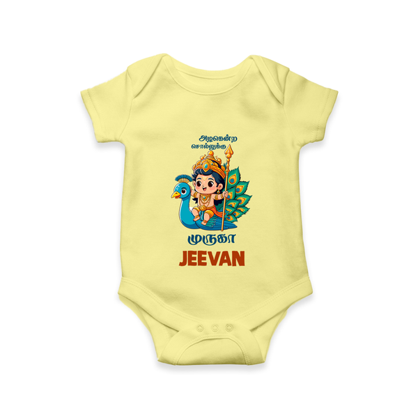 Alagendra Solluku Muruga Romper / Onesie | Personalized Baby Romper / Onesie for Murugan Celebrations - PASTEL YELLOW - New Born (Chest 14")