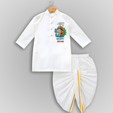 Muruga - Customized Drapped Dhoti For Kids With Name - WHITE - 0 - 6 Month Old (Chest 24", Kurta Length 14" , Waist 19", Dhoti Length 14")