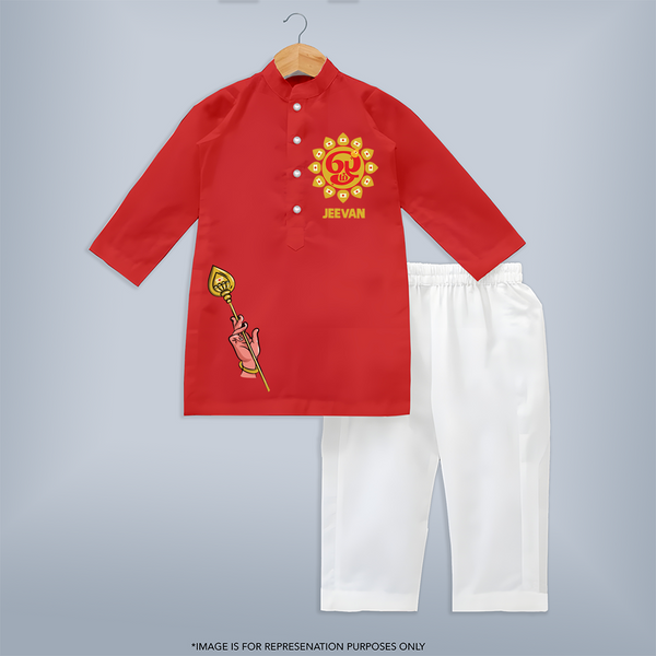 Muruga Divine Blessings Kurta Set | Auspicious Attire for Sacred Moments - RED - 3 - 6 Months Old (Chest 24", Kurta Length 14'', Waist 19", Pant Length 14")
