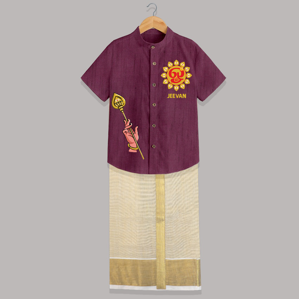 Muruga Divine Blessings Shirt and Dhoti | Auspicious Attire for Sacred Moments - WINE - 0 - 6 Months Old (Chest-23") (Dhoti length-14")