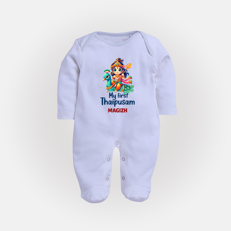 "First Steps into Thaipusam - A Festival of Devotion with Customized Sleep Suit for Babies with Name" - BABY BLUE - New Born (Chest 7.5")