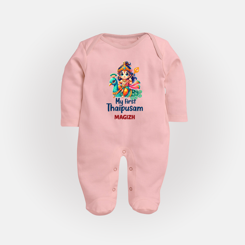 "First Steps into Thaipusam - A Festival of Devotion with Customized Sleep Suit for Babies with Name" - BABY PINK - New Born (Chest 7.5")