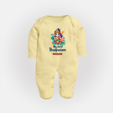 "First Steps into Thaipusam - A Festival of Devotion with Customized Sleep Suit for Babies with Name" - PASTEL YELLOW - New Born (Chest 7.5")