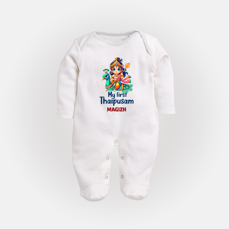 "First Steps into Thaipusam - A Festival of Devotion with Customized Sleep Suit for Babies with Name" - WHITE - New Born (Chest 7.5")