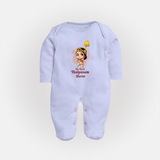 "My First Thaipusam - Celebrating with Joy and Reverence with Customized Sleep Suit for Babies with Name" - BABY BLUE - New Born (Chest 7.5")