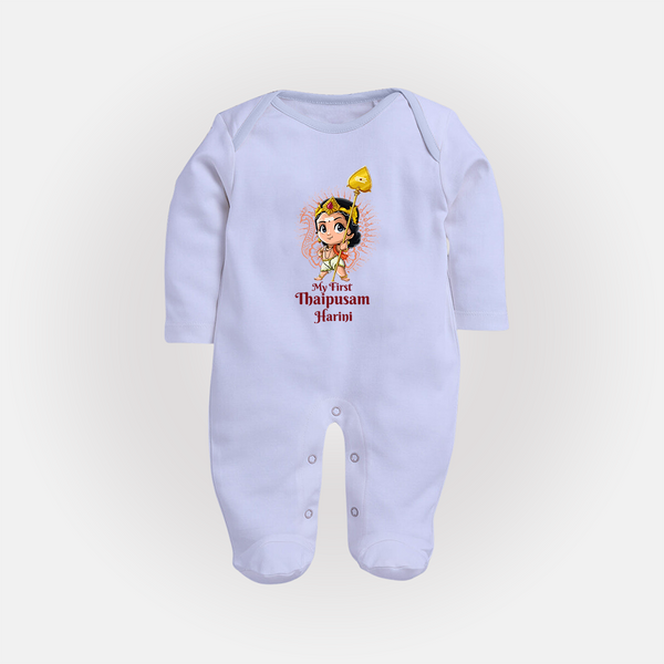 "My First Thaipusam - Celebrating with Joy and Reverence with Customized Sleep Suit for Babies with Name" - BABY BLUE - New Born (Chest 7.5")