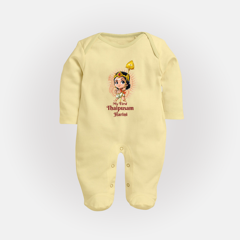 "My First Thaipusam - Celebrating with Joy and Reverence with Customized Sleep Suit for Babies with Name" - PASTEL YELLOW - New Born (Chest 7.5")