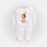 "My First Thaipusam - Celebrating with Joy and Reverence with Customized Sleep Suit for Babies with Name" - WHITE - New Born (Chest 7.5")