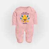 "Experiencing the Spirit of Thaipusam for the First Time with Customized Sleep Suit for Babies with Name" - BABY PINK - New Born (Chest 7.5")