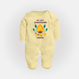 "Experiencing the Spirit of Thaipusam for the First Time with Customized Sleep Suit for Babies with Name" - PASTEL YELLOW - New Born (Chest 7.5")