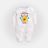 "Experiencing the Spirit of Thaipusam for the First Time with Customized Sleep Suit for Babies with Name" - WHITE - New Born (Chest 7.5")