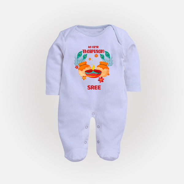 "My First Thaipusam - Honoring Tradition, Celebrating Devotion with Customized Sleep Suit for Babies with Name" - BABY BLUE - New Born (Chest 7.5")