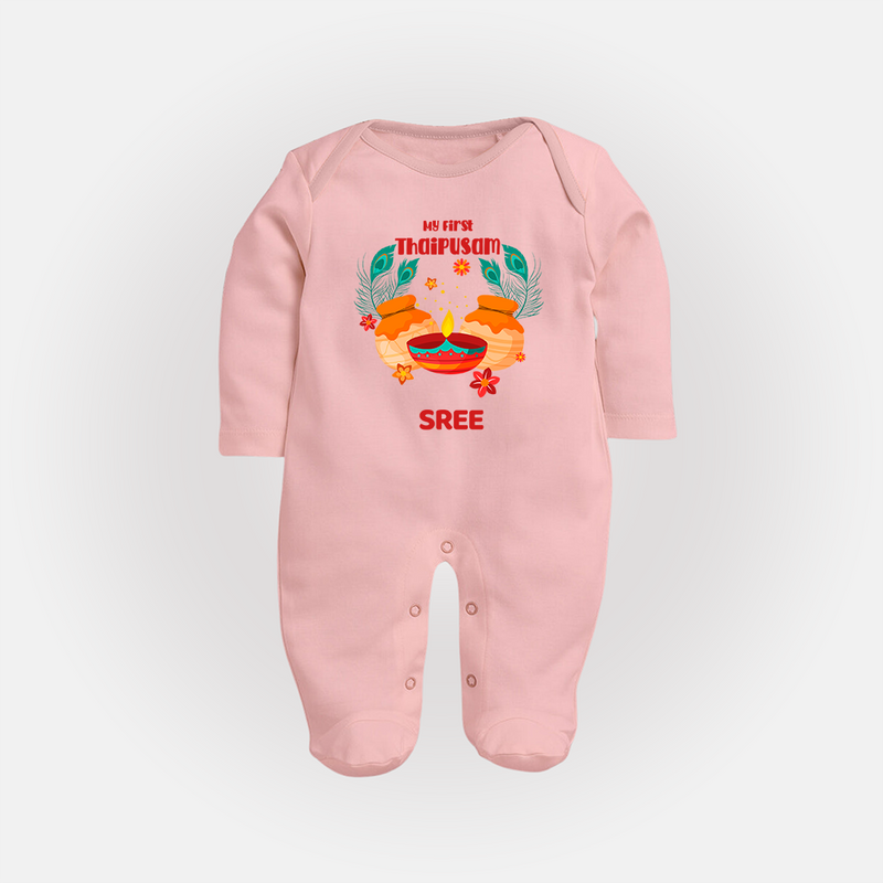 "My First Thaipusam - Honoring Tradition, Celebrating Devotion with Customized Sleep Suit for Babies with Name" - BABY PINK - New Born (Chest 7.5")