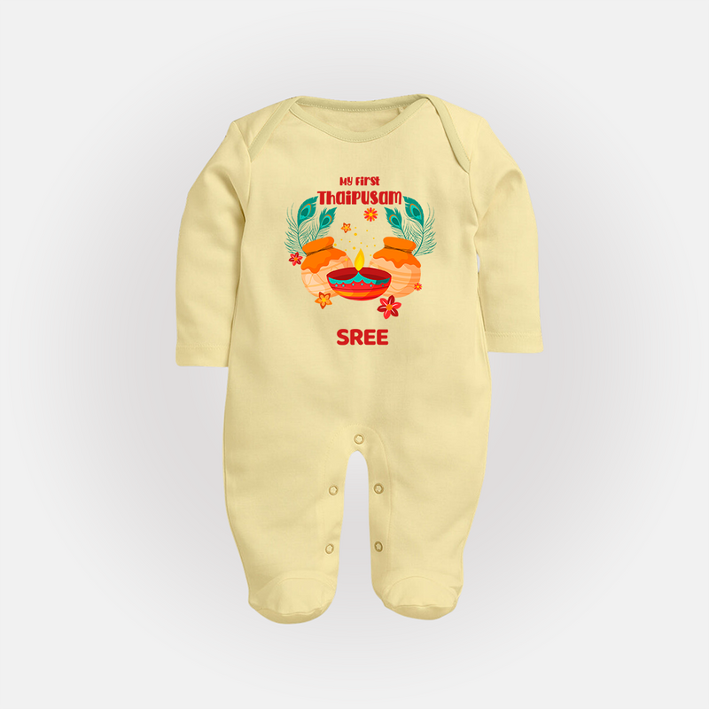 "My First Thaipusam - Honoring Tradition, Celebrating Devotion with Customized Sleep Suit for Babies with Name" - PASTEL YELLOW - New Born (Chest 7.5")