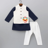 "My First Thaipusam - Honoring Tradition, Celebrating Devotion with Customized kurta WaistCoat for Kids with Name" - NAVY BLUE - 3 - 6 Months Old (Chest 24", Kurta Length 14'', Waist 19", Pant Length 14")