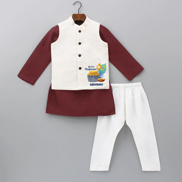 "First Thaipusam Memories - A Day of Faith and Festivity with Customized kurta WaistCoat for Kids with Name" - MAROON - 3 - 6 Months Old (Chest 24", Kurta Length 14'', Waist 19", Pant Length 14")