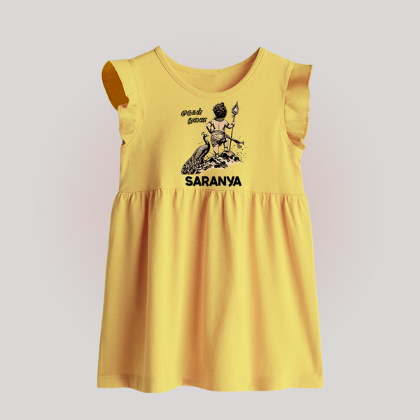 Little Murugan Devotee – Name Personalised Kids Baby Frock - PASTEL YELLOW - 0 - 3 Months Old (Chest 17")