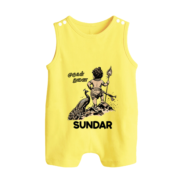 Little Murugan Devotee – Name Personalised Kids Romper Suit - PASTEL YELLOW - 0 - 5 Months Old (Chest 18")