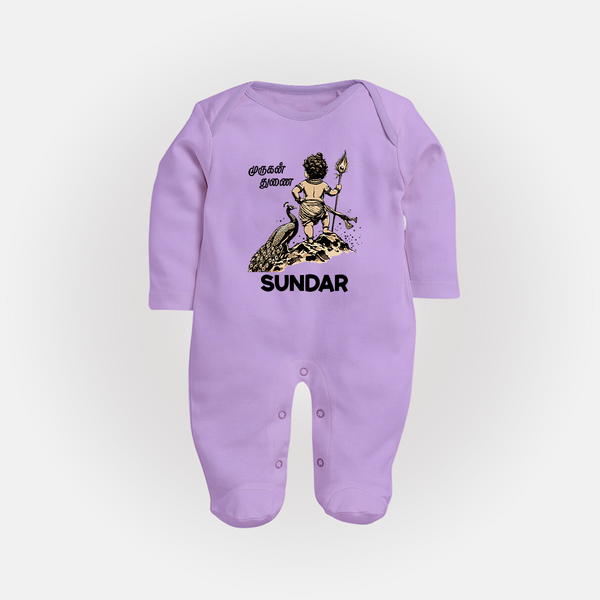 Little Murugan Devotee – Name Personalised Kids Fullbody Suit - LILAC - New Born (Chest 7.5")
