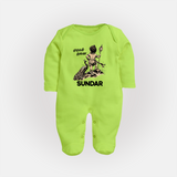 Little Murugan Devotee – Name Personalised Kids Fullbody Suit - LIME GREEN - New Born (Chest 7.5")