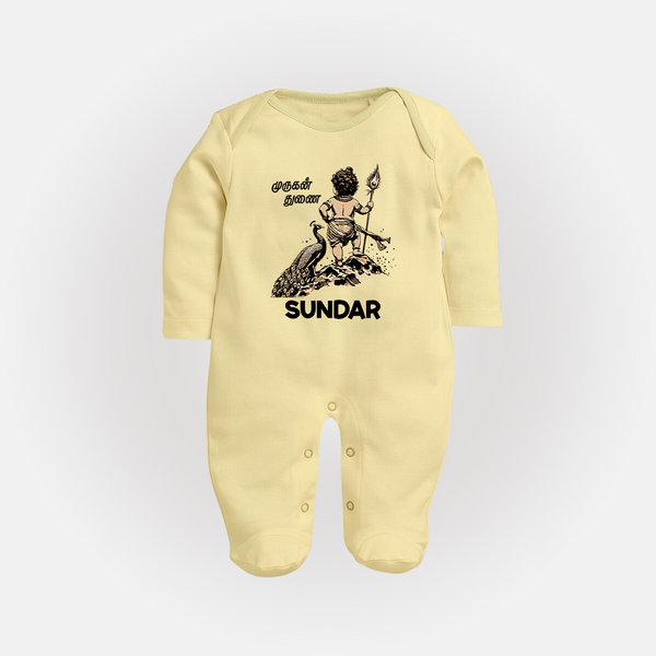 Little Murugan Devotee – Name Personalised Kids Fullbody Suit - PASTEL YELLOW - New Born (Chest 7.5")