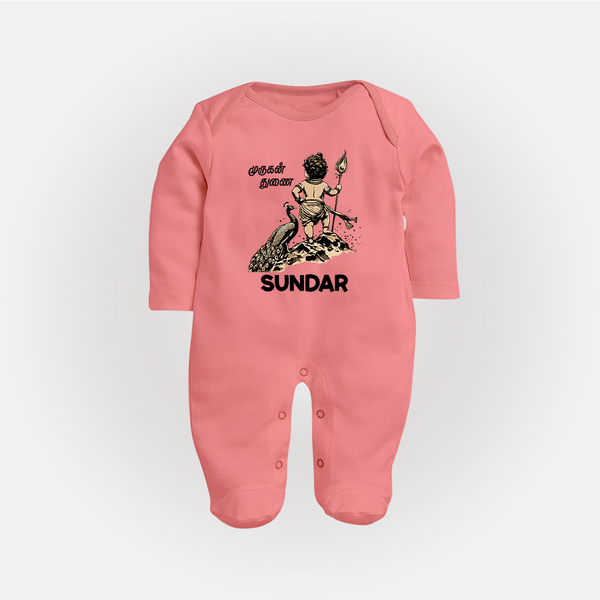 Little Murugan Devotee – Name Personalised Kids Fullbody Suit - PEACH - New Born (Chest 7.5")